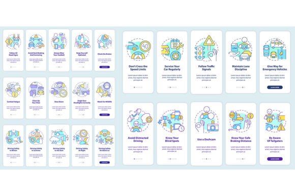 Driving Safety Mobile App Screen Set Graphic Templates
